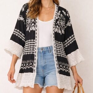 Solitaire Black Ivory Embroidered Open Front Kimono Cardigan Bell Sleeves XL